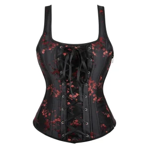 bustier corset noir à fleurs rouges