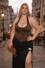 bustier corset marron grande taille broderie florale lacet dos busc