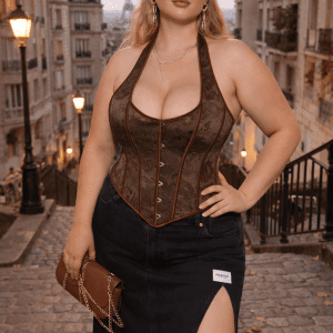 bustier corset marron grande taille broderie florale lacet dos busc