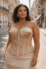 corset bustier beige grande taille transparent satin baleines visibles femme élégant