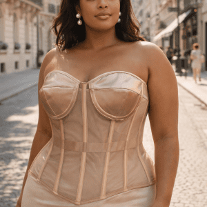 corset bustier beige grande taille transparent satin baleines visibles femme élégant