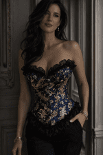 corset bleu indigo doré femme bustier vintage dentelle noire