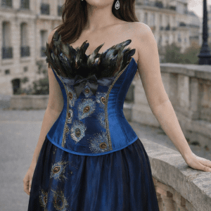 Corset paon bleu roi femme bustier élégant plumes