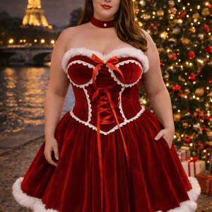 robe corset rouge mere noel grande taille velours peluche blanche femme