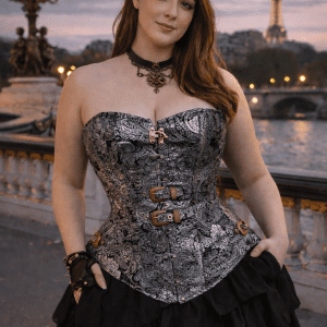 corset steampunk argent et noir brocart boucles laiton lacet dos