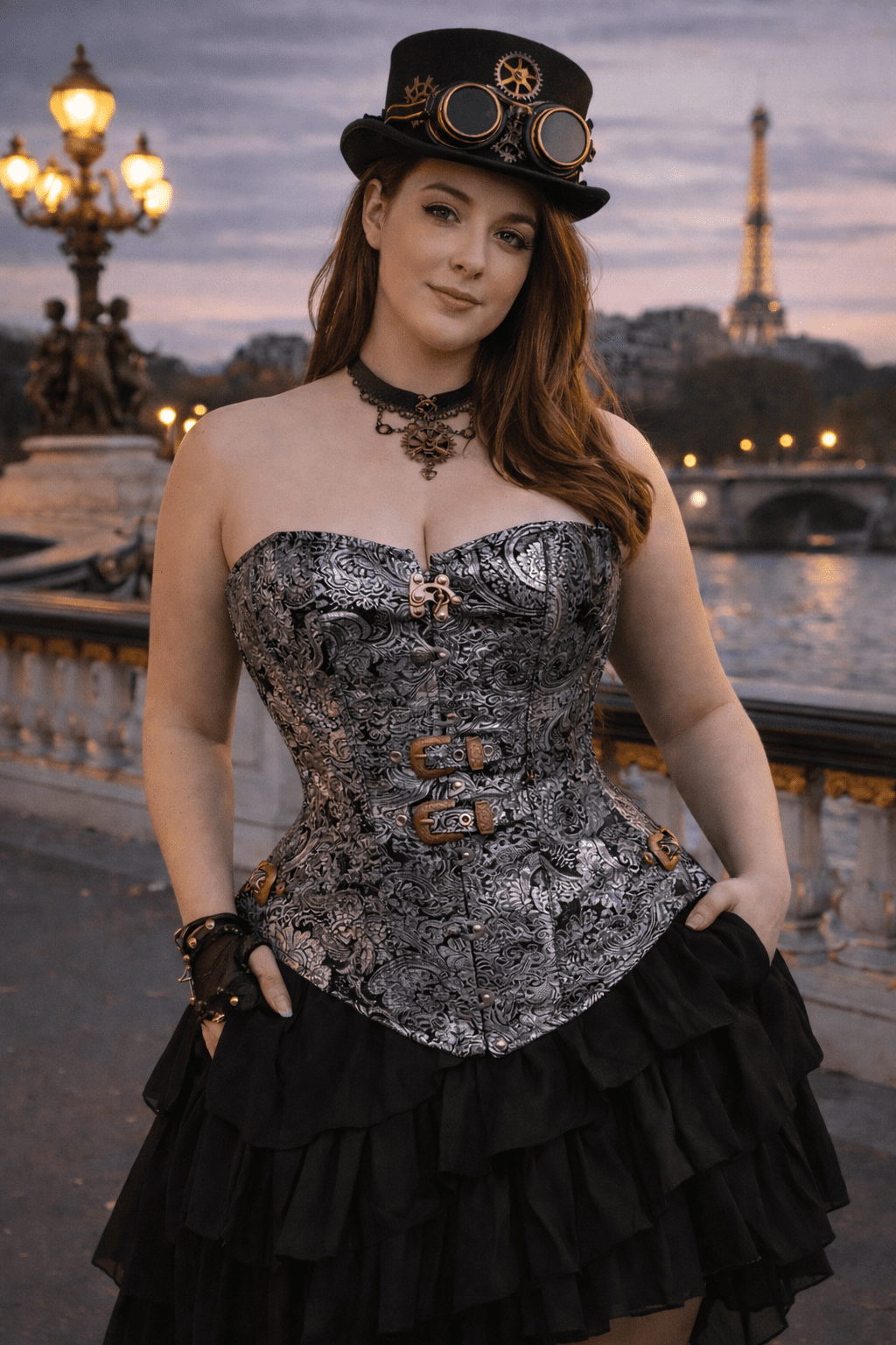 corset steampunk argent et noir brocart boucles laiton lacet dos