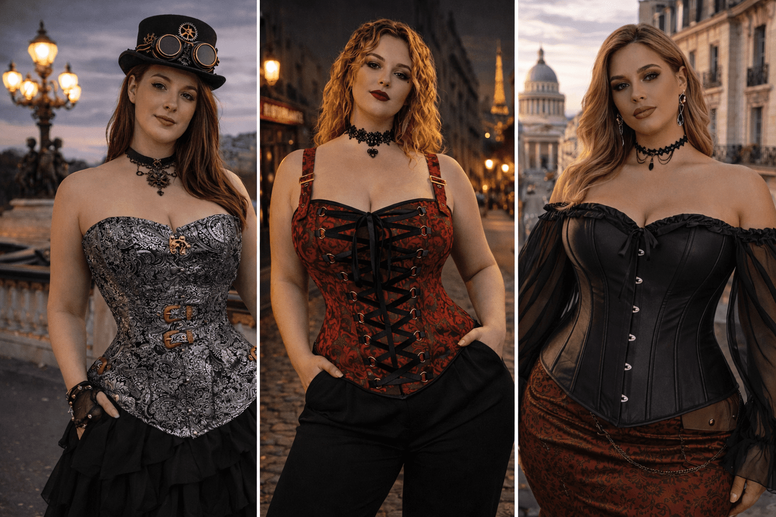trois styles de corset femme steampunk gothique et victorien portés par des mannequins dans une ambiance parisienne élégante