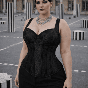 corset neo gothique noir grande taille porte femme elegante pantalon tailleur noir palais royal paris colonnes noir blanc