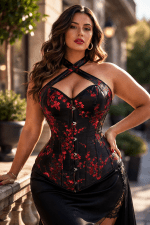 corset noir et rouge grande taille fleurs rouges col licou femme