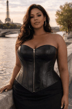 corset bustier noir grande taille similicuir zip avant lacet dos baleines femme