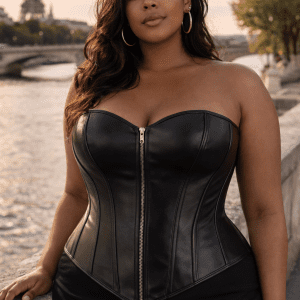 corset bustier noir grande taille similicuir zip avant lacet dos baleines femme