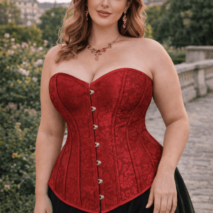 corset rouge grande taille brocart floral femme à lacet et busc