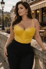 bustier jaune à plumes femme style élégant mode parisienne