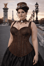 corset steampunk marron grande taille brocart porte femme elegante jupe satin noir pont alexandre III paris