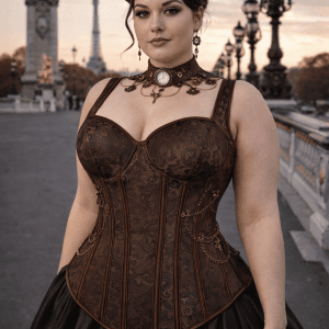 corset steampunk marron grande taille brocart porte femme elegante jupe satin noir pont alexandre III paris