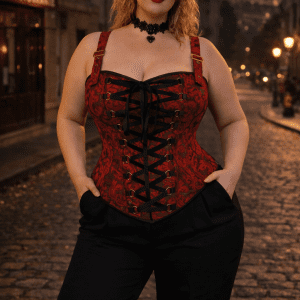 corset gothique rouge grande taille lacet dos boucles metal laçage frontal