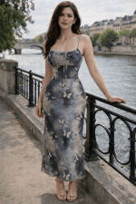 robe longue papillon bleu gris dégradé fines bretelles femme fluide