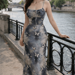 robe longue papillon bleu gris dégradé fines bretelles femme fluide