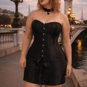 robe corset noir courte grande taille gothique lacet dos busc avant satin