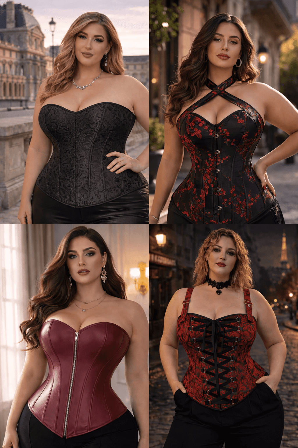 Montage de corsets grande taille élégants noir, rouge et fleuri portés par mannequins en style éditorial parisien