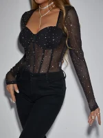 Body Corset Noir Manches Longues et Paillette