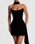 Robe Corset Sexy Noire Drapée Courte