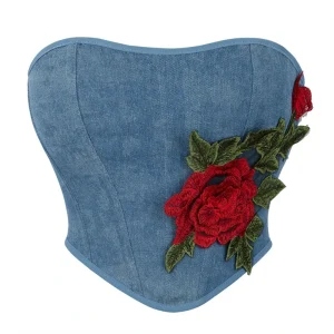 Bustier Corset Jean Bleu Ciel et Rose Brodée