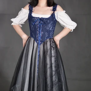 Corset Jean Bleu Fleuri Vintage à Bretelles