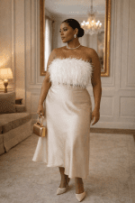 bustier bandeau plumes blanc grande taille jupe midi champagne interieur chic paris style elegant