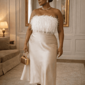bustier bandeau plumes blanc grande taille jupe midi champagne interieur chic paris style elegant