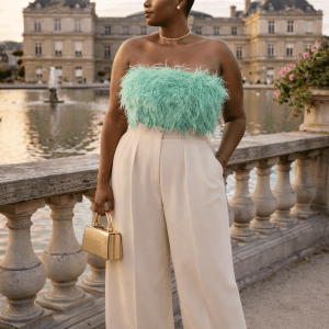 bustier bandeau plumes vert menthe grande taille pantalon palazzo beige jardin du luxembourg paris style elegant