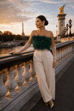 bustier bandeau plumes vert pantalon large creme pont alexandre III paris golden hour style haute couture