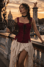 bustier bordeaux effet suédine à lacets style pirate porté avec jupe asymétrique crème sur le pont alexandre III au coucher de soleil