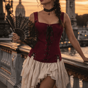 bustier bordeaux effet suédine à lacets style pirate porté avec jupe asymétrique crème sur le pont alexandre III au coucher de soleil