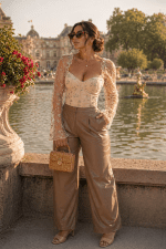 Bustier corset abricot floral brodé porté au Jardin du Luxembourg à Paris près du grand bassin avec le Sénat en arrière-plan, look élégant avec pantalon similicuir marron