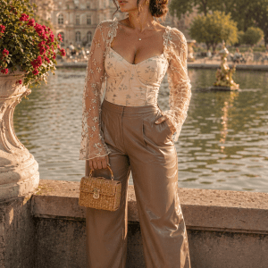 Bustier corset abricot floral brodé porté au Jardin du Luxembourg à Paris près du grand bassin avec le Sénat en arrière-plan, look élégant avec pantalon similicuir marron
