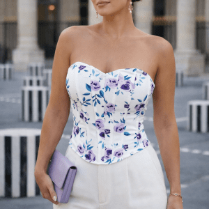bustier corset blanc floral violet femme pantalon blanc palais royal paris silhouette élégante