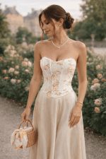 bustier corset creme floral abricot pastel femme jupe satinée champagne jardin luxembourg paris