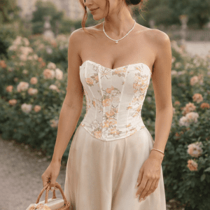 bustier corset creme floral abricot pastel femme jupe satinée champagne jardin luxembourg paris