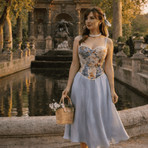 bustier corset fleuri renaissance à bretelles femme jupe satin bleu poudré fontaine de médicis jardin du luxembourg paris golden hour