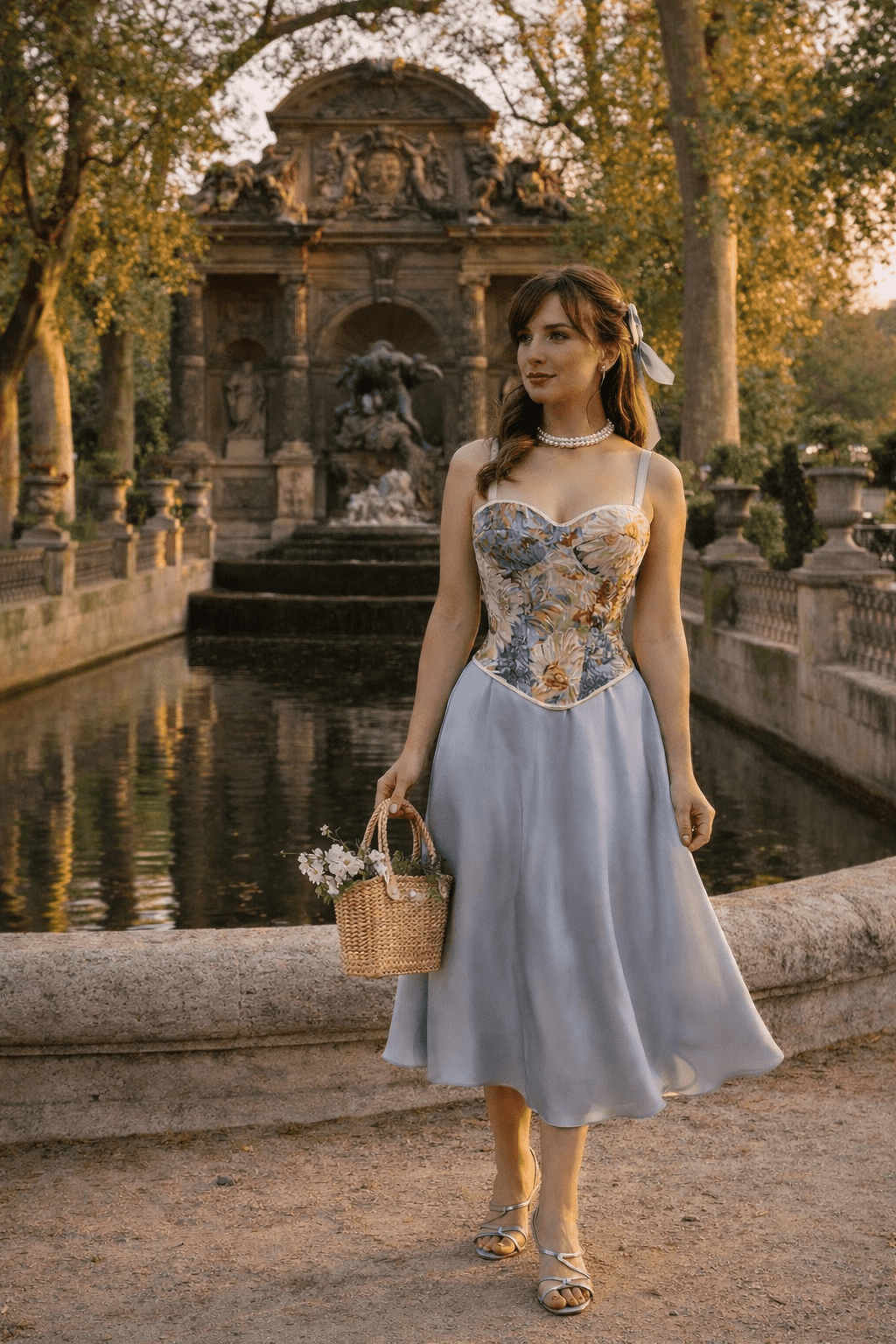 bustier corset fleuri renaissance à bretelles femme jupe satin bleu poudré fontaine de médicis jardin du luxembourg paris golden hour