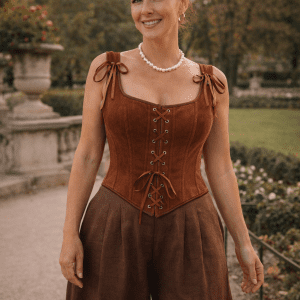 bustier corset marron velours femme pantalon large chocolat jardin du Luxembourg Paris lumière douce