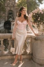 Bustier corset rose floral brodé porté au Jardin du Luxembourg à Paris près de la fontaine Médicis, look romantique avec jupe satin champagne