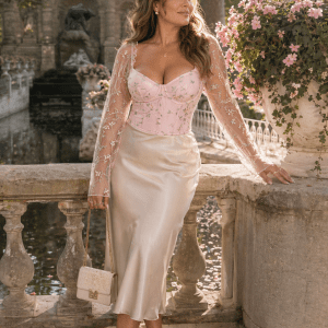 Bustier corset rose floral brodé porté au Jardin du Luxembourg à Paris près de la fontaine Médicis, look romantique avec jupe satin champagne