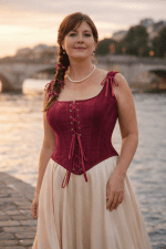 bustier corset rouge velours avec jupe satin crème au bord de la Seine à Paris lumière dorée