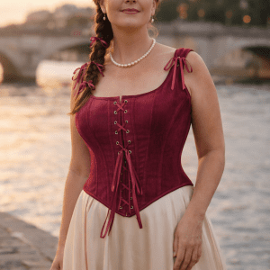 bustier corset rouge velours avec jupe satin crème au bord de la Seine à Paris lumière dorée