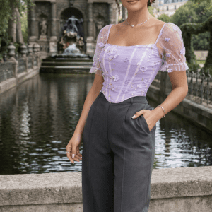 bustier lavande fleuri en tulle transparent avec broderies florales porté par femme 45 ans au jardin du luxembourg fontaine medicis paris pantalon tailleur gris anthracite taille haute