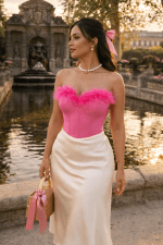 bustier corset plumes rose jupe satin creme jardin du luxembourg fontaine medicis paris style haute couture