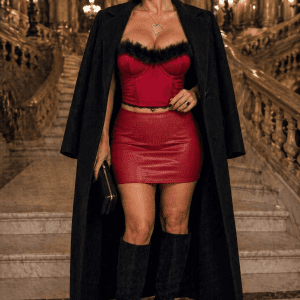 Bustier rouge carmin à plumes porté avec mini jupe rouge cerise au Palais Garnier à Paris dans le grand escalier