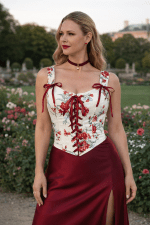 bustier corset blanc floral rouge avec laçage rouge femme élégante jupe satin bordeaux jardin du luxembourg paris